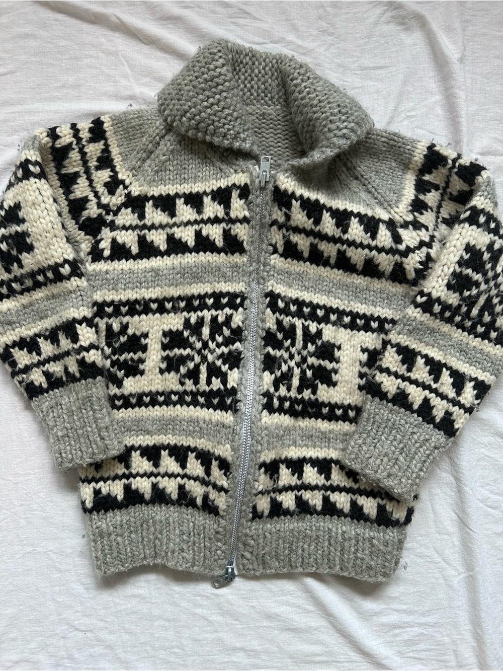 Cowichan Chunky Nordic Zip-Up Cardigan Sweater - Gray, Cream & Black - Picture 1 of 4